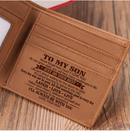 Style 1 To My Son Embossed Genuine Cowhide Leather Men's Wallet (Gift Giver: Love Mom) - Anti-Theft RFID Blocking - Personalized Dad & Mom Gift