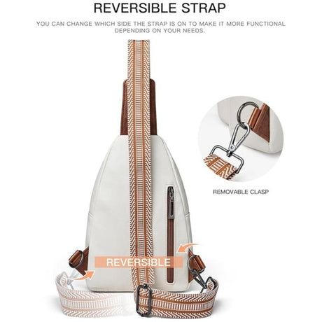 White Women's 3-Layer Zipped PU Chest Bag with Reversable Strap - Roomy But Not Nulky Single Shoulder Crossbody Bag
