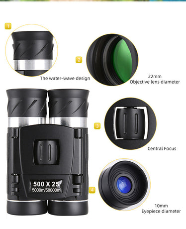 500x25 High Power HD Binoculars - Portable Concert Telescope with Phone Photography Capability, FMC Coated Optics