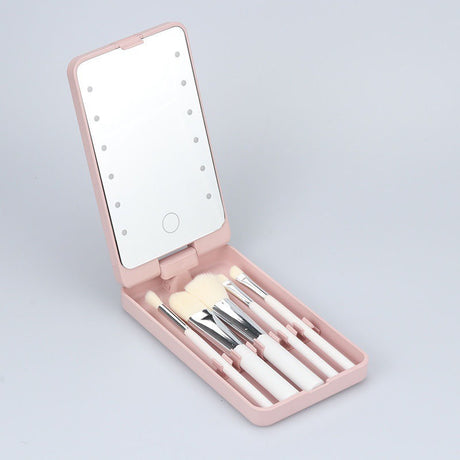 Pink Portable LED Makeup Mirror with Lights & Brushes (9x2.5x16CM) - Mini Foldable Desktop Vanity Mirror with Dual Color Temperature