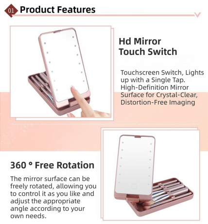 Black Portable LED Makeup Mirror with Lights & Brushes (9x2.5x16CM) - Mini Foldable Desktop Vanity Mirror with Dual Color Temperature