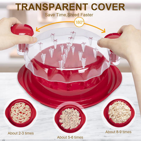 Red Chicken Shredder Machine with Transparent Lid & Brush - Manual Meat Chopper and Pulverizer for Cooked Chicken and Pet Food