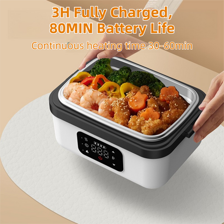 1L White Cordless Waterless Heated Lunch Box - Portable 304 Stainless Steel Bento Box for Picnic Students Office Workers, Timed Insulation & USB Rechargeable