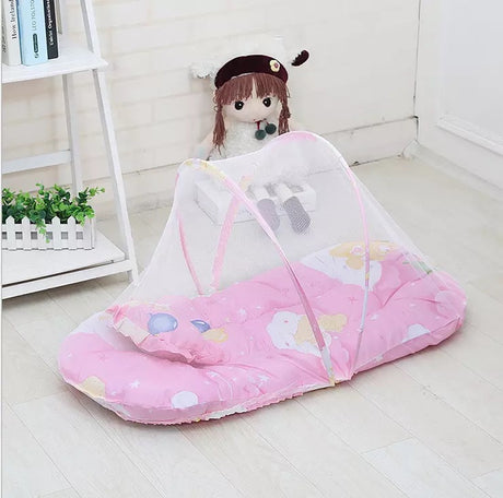 Pink Portable 3-in-1 Mosquito Net Set with Soft Sleep Pad & Pillow - Foldable Pop-Up Travel Bassinet for Infants, Breathable Shield for Indoor & Outdoor Use
