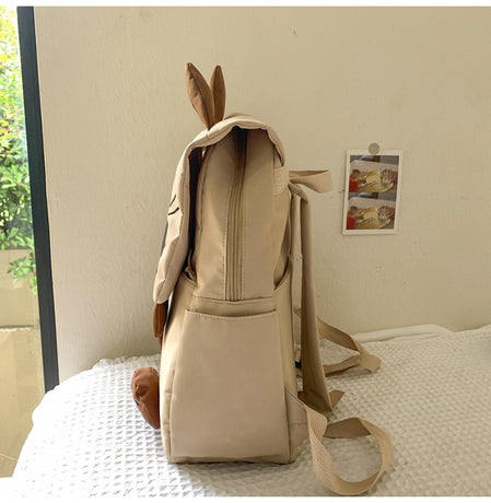 Khaki Lightweight Nylon Waterproof Schoolbag for Children - Large Capacity Daypack with Ugly-Cute Cat Design