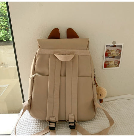 Khaki Lightweight Nylon Waterproof Schoolbag for Children - Large Capacity Daypack with Ugly-Cute Cat Design