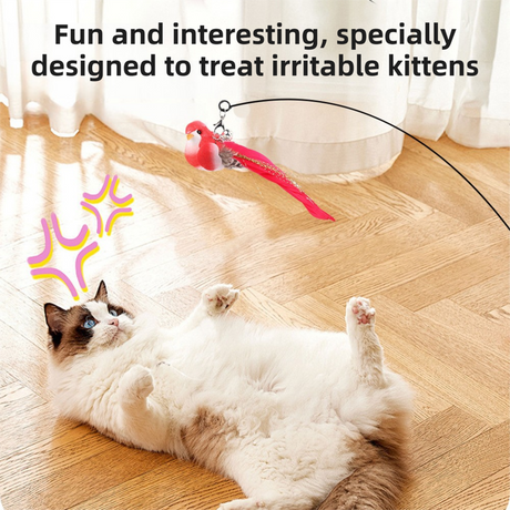 Interactive Self-Play Cat Wand with Suction Base, Feather & Bell - Automatic Bouncing Teaser(White)