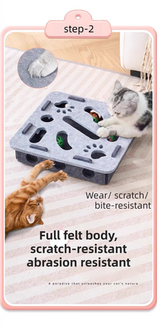 White Felt Puzzle Square Shape Box Cat Toy with 2 Metal Bell Balls - Scratch-Resistant & Interactive Hide-and-Seek Toy, Brain Stimulating Fun