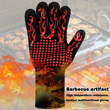 One Pair Black Extreme Heat Resistant BBQ Gloves (800°C/1472°F) - Non-Slip Silicone Coated Fireproof Mitts for Smoker, Oven & Industrial Use