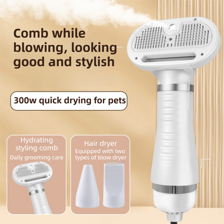 Rose Gold 6-in-1 Pet Grooming Hair Dryer with Noise-Reduction - Lightweight Handheld Blow Dryer & Mist Slicker Brush - 3-Speed Temperature Control, One-Click Deshedding & Painless Massage