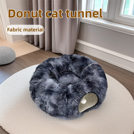 2-in-1 Dark Blue Tie-Dye Donut-Shaped Cat Tunnel Bed -  Spacious 85cm Pet Play Tunnel & Lounger, Durable Fabric for Cats & Kittens