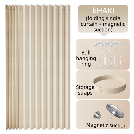 100 X 180 CM Khaki Linen-Look Dust Drill-Free Pull-Curtain - Folding Doorless Closet Divider with Magnetic Closure & Hanging Rings