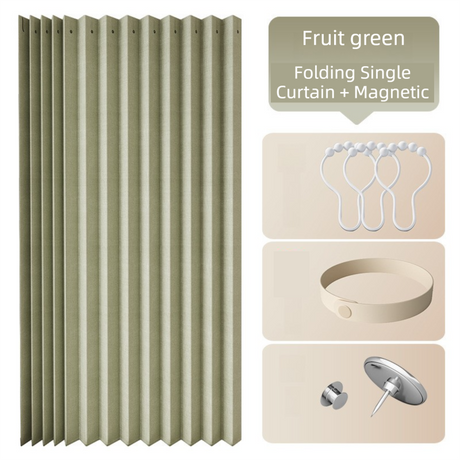 120 X 180 CM Fruit-Green Linen-Look Dust Drill-Free Pull-Curtain - Folding Doorless Closet Divider with Magnetic Closure & Hanging Rings