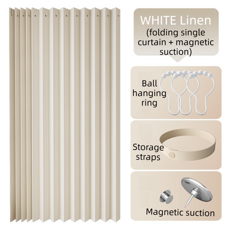 150 X 180 CM White Linen-Look Dust Drill-Free Pull-Curtain - Folding Doorless Closet Divider with Magnetic Closure & Hanging Rings