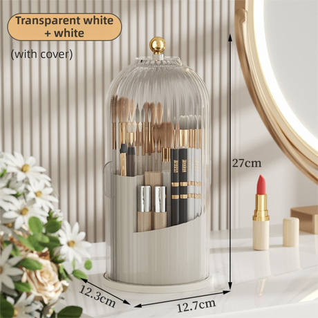 White 360° Rotating Makeup Brush Holder with Transparent Dust-Proof Sliding Door - Large Capacity Cosmetic Organizer, Professionaln Gradient Dual Zones