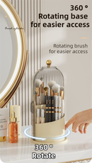 White 360° Rotating Makeup Brush Holder with Transparent Dust-Proof Sliding Door - Large Capacity Cosmetic Organizer, Professionaln Gradient Dual Zones