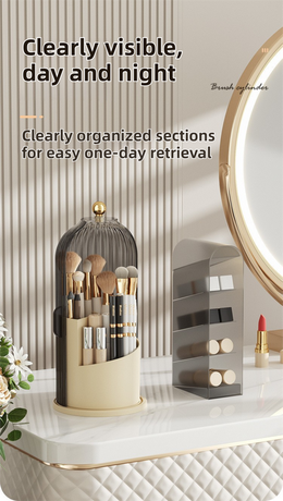 White 360° Rotating Makeup Brush Holder with Transparent Dust-Proof Sliding Door - Large Capacity Cosmetic Organizer, Professionaln Gradient Dual Zones