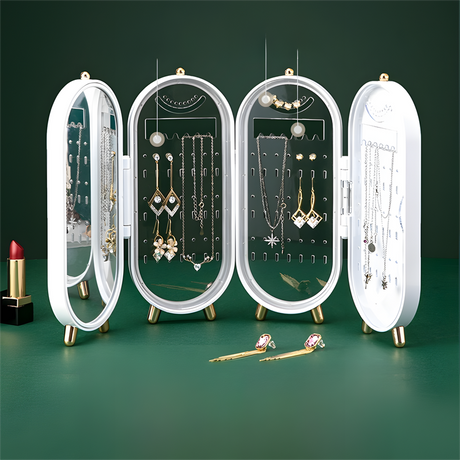 White 4-Layer Retractable Screen-Style Jewelry Display Stand With Mirror Zone - Dust-Proof Necklace & Earring Organizer Case for Vanity