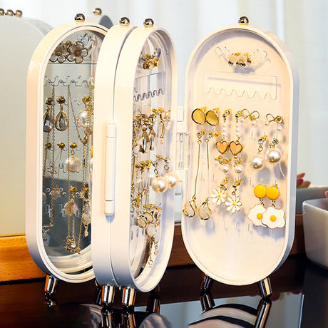 White 4-Layer Retractable Screen-Style Jewelry Display Stand With Mirror Zone - Dust-Proof Necklace & Earring Organizer Case for Vanity