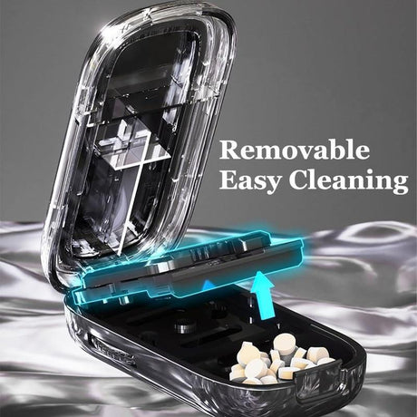 Beige Portable Mini Pill Organizer with 1/2 & 1/4 Precision Cutter - 3-Compartment Daily Travel Medicine Case with Rolling Knob Lock