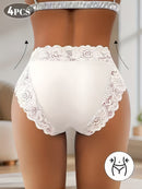 4-Pack White Elegant High-Waist Lace Panties for Women(Size S) - Tummy Control & Butt Lifting Briefs, Breathable Underwear with Cotton Crotch Lining