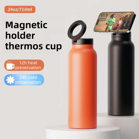 Sliver 24oz Stainless Steel Insulated Water Bottle With 90° Adjustable Vertical/Horizontal Magnetic Phone Holder - Ringo Style Magnetic Lid Sport Flask