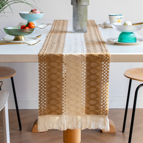 White-Brown Bohemian Woven Table Runner with Tassels(30X183CM) - Wrinkle-Resistant Striped Table Scarf for Wedding, Holiday & Outdoor Party