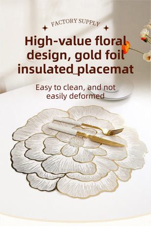 4-Pack Gold & Grey Luxury Bronzing Floral Heat-Insulated Placemats - Peony Style Anti-Slip & Waterproof PVC Table Mats(38x38CM)