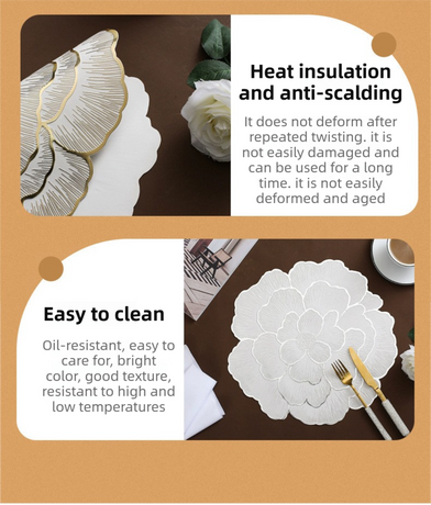 4-Pack Gold & Grey Luxury Bronzing Floral Heat-Insulated Placemats - Peony Style Anti-Slip & Waterproof PVC Table Mats(38x38CM)