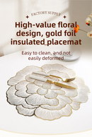 4-Pack Rose-Gold Luxury Bronzing Floral Heat-Insulated Placemats - Lotus Style Anti-Slip & Waterproof PVC Table Mats(38x38CM)