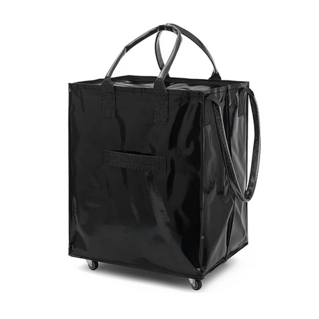 Black Portable Folding Shopping Trolley Bag(50x40x30CM) - Durable Woven Fabric, Reusable Grocery Bag with Wheels for Effortless Travel