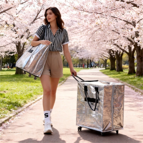 Sliver Portable Folding Shopping Trolley Bag(50x40x30CM) - Durable Woven Fabric, Reusable Grocery Bag with Wheels for Effortless Travel