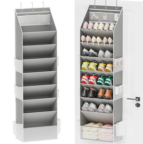 Grey 8-Tier Over-the-Door Shoe Organizer with 7 Slanted & 1 Flat & 6 Side Pockets - Multi-Functional Wall Mount  for Shoes, Bags and Towels