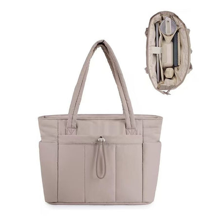 Khaki Quilted Puffer Nylon Tote/Laptop Bag for Women with Internal Cup Holder and Front & Side Pockets - Multi-Pocket Travel Handbag Fit in 15.7