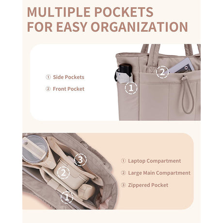 White Quilted Puffer Nylon Tote/Laptop Bag for Women with Internal Cup Holder and Front & Side Pockets - Multi-Pocket Travel Handbag Fit in 15.7