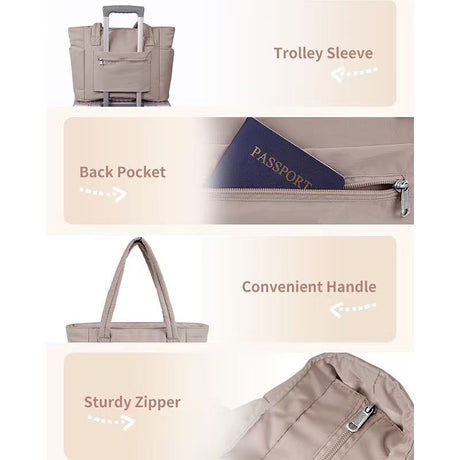 White Quilted Puffer Nylon Tote/Laptop Bag for Women with Internal Cup Holder and Front & Side Pockets - Multi-Pocket Travel Handbag Fit in 15.7