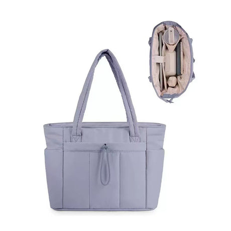 Purple Quilted Puffer Nylon Tote/Laptop Bag for Women with Internal Cup Holder and Front & Side Pockets - Multi-Pocket Travel Handbag Fit in 15.7