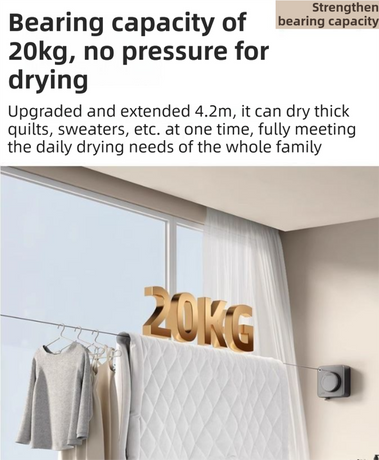 Grey 4.2M Heavy Duty Invisible Retractable Clothesline - Rustproof & Drill-Free Laundry Hanger with 20kg Load Capacity