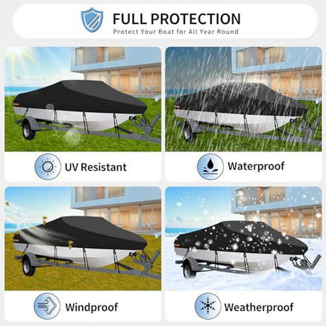 Black Heavy-Duty V-Hull Shield for 16 to 18 FT Yachts - All-Weather Water / Dust / UV Resistant 190T Silver Coated  Marine Protector