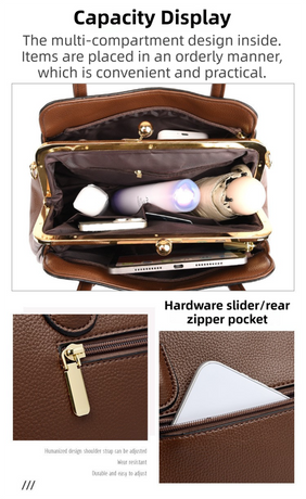 Khaki Women's Premium Wear-Resistant Leather Shoulder Bag - Vintage Frame Kiss-Lock Handbag & Crossbody Satchel
