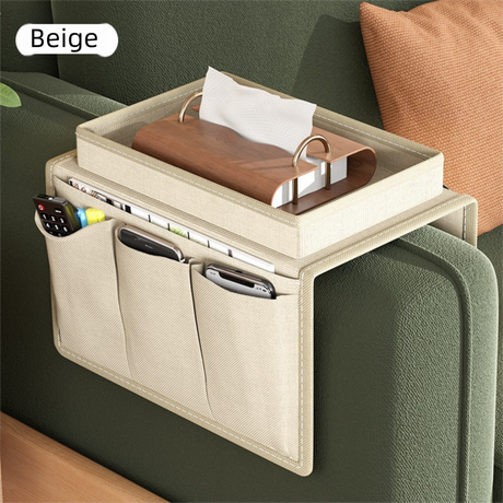 Beige Foldable  Sofa Armrest Organizer With 3-Zones - 20kg Load Capacity, Thickended Oxford Cloth Storage Bag for Dorms, Cars & Living Rooms