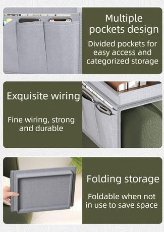 Grey Foldable  Sofa Armrest Organizer With 3-Zones - 20kg Load Capacity, Thickended Oxford Cloth Storage Bag for Dorms, Cars & Living Rooms