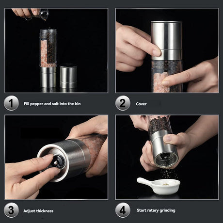 2 Pack 2-in-1 Stainless Steel Manual Spice Grinder Dual Head Salt and Pepper Mill with Adjustable Coarseness for Australian BBQ Kitchen and Travel