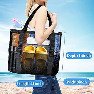 2-PCS Black Mesh Beach Tote Bag – Large Capacity Swim Gear Organizer with Multiple Pockets for Shoes, Swimsuits, and Essentials
