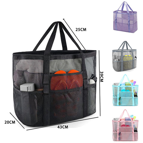 2-PCS Pink Mesh Beach Tote Bag – Large Capacity Swim Gear Organizer with Multiple Pockets for Shoes, Swimsuits, and Essentials