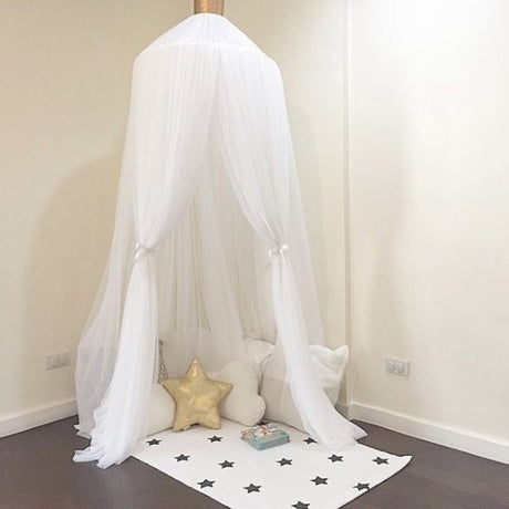 White Nordic Style 7-Layer Tulle Bed Canopy 300cm Extra Long 60cm Dome for Australian Kids Bedroom Nursery and Playroom Decor