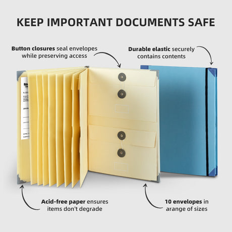 Pink Important Document Organizer Folder with 10 Manila Envelopes and Acid-Free Paper for Home Office Estate Planning and Aussie Travel