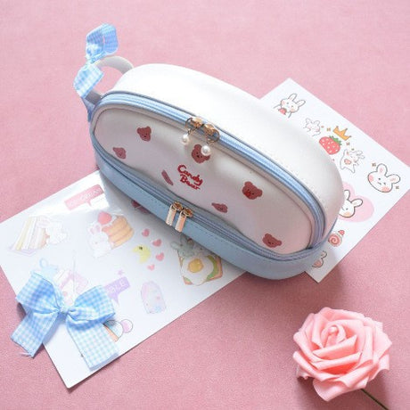 Blue Large Capacity Double Layer Pencil Case Waterproof PU Leather Stationery Organizer for Australian Students and Office Use High Capacity Makeup Bag
