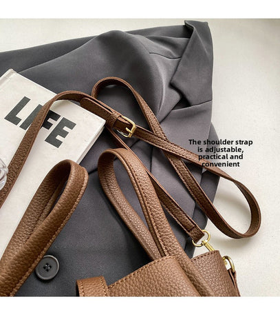 Beige Retro 2-Piece Women's Bucket Bag Set with Removable Inner Pouch PU Leather Crossbody Handbag and Fashionable Tote for Australian Everyday Use