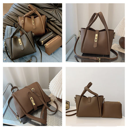 Pink Retro 2-Piece Women's Bucket Bag Set with Removable Inner Pouch PU Leather Crossbody Handbag and Fashionable Tote for Australian Everyday Use